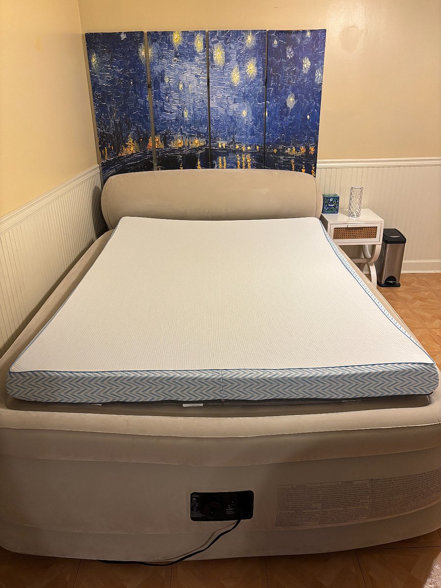 Enjoy this comfortable queen size air mattress. In this photo you see a 3 inch gel memory foam mattress topper with cover. 
