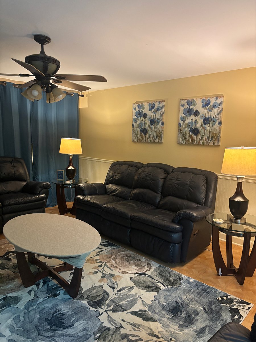 Another angle of the living room. Both ends of the couch are recliners.