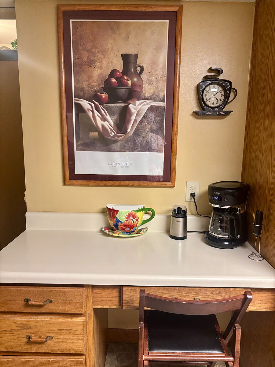Coffee and tea station. I provide tea, but not coffee. I also provide a coffee bean grinder and frother wand.