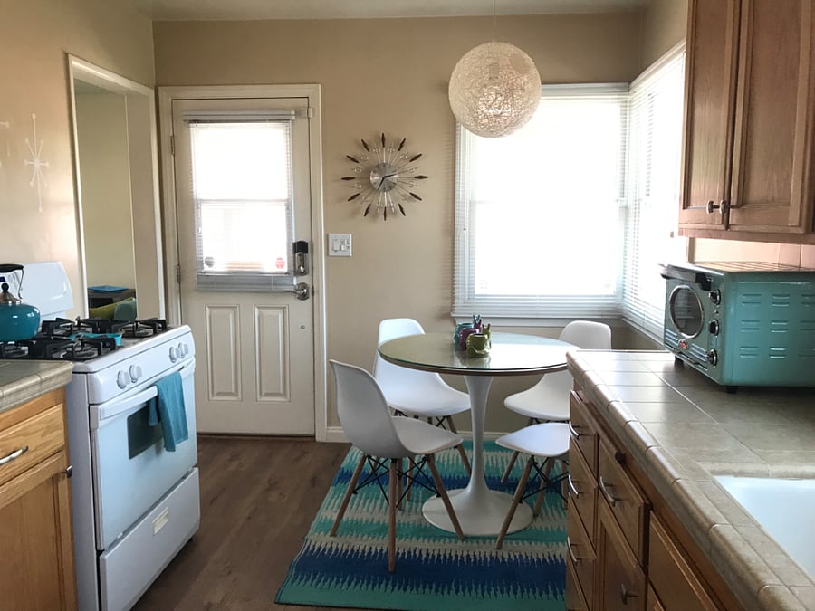 It's a mid century modern kitchen with amenities for your every cusine need!