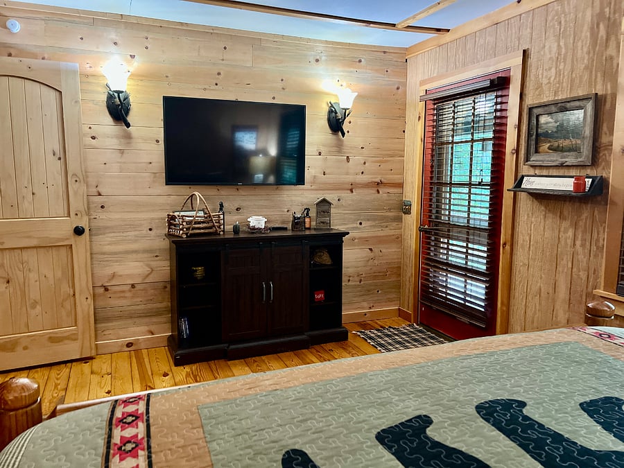 MB electric fireplace, smart tv, & private balcony access door