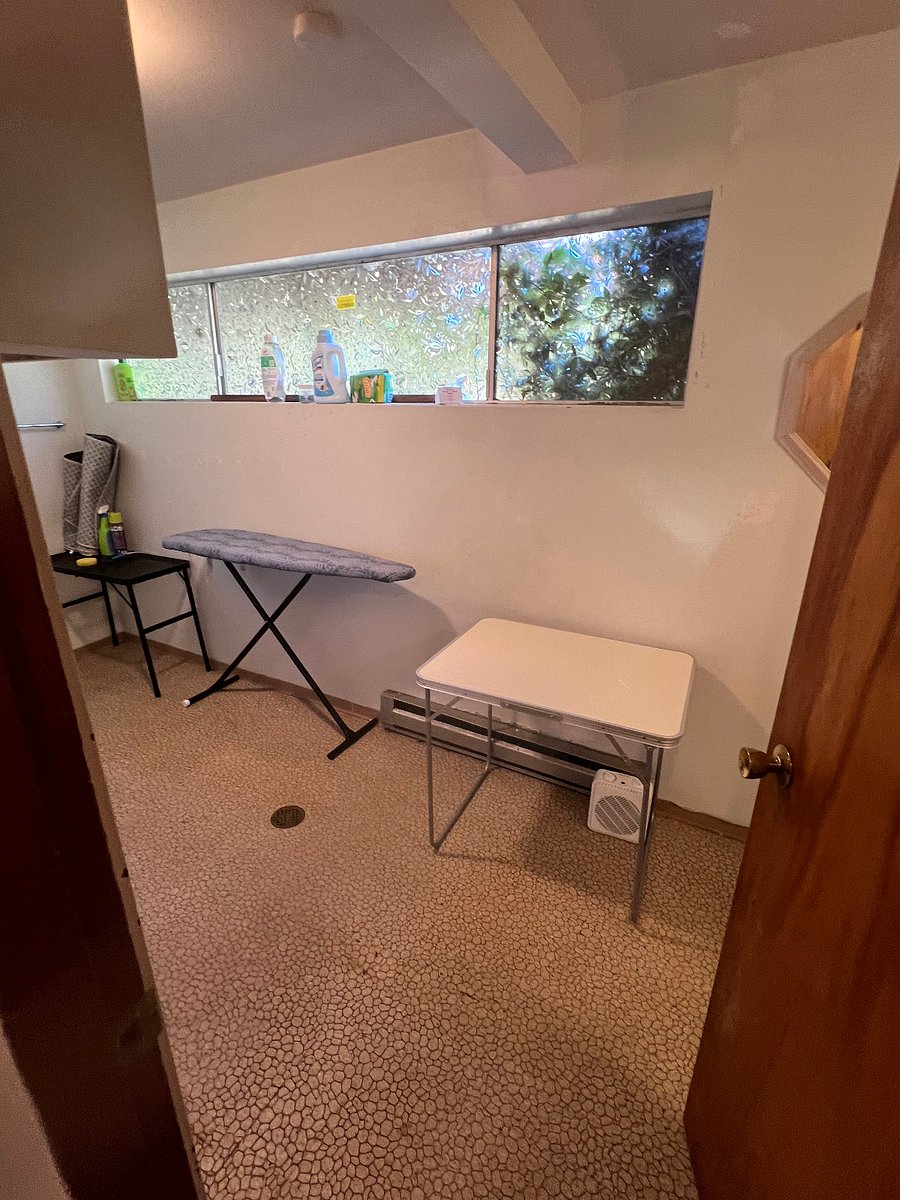 Large Bathroom has ironing area.