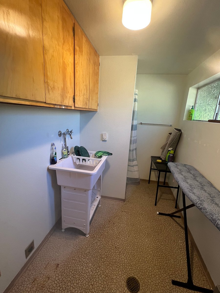 Kitchenette dish sink. Guest shot - removed area rugs from the pooch!
