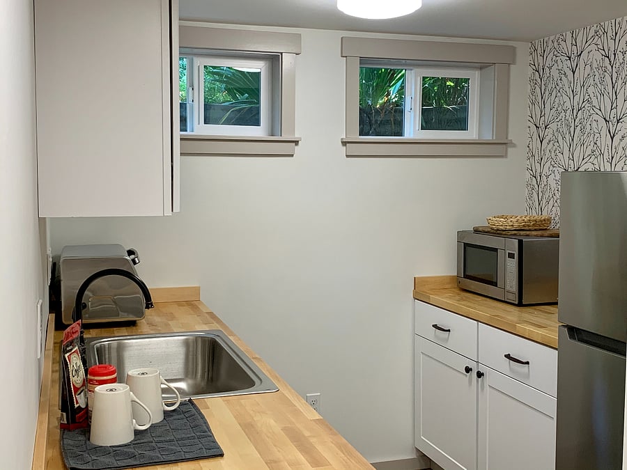 Kitchenette with dishwasher, fridge, hotplate and microwave