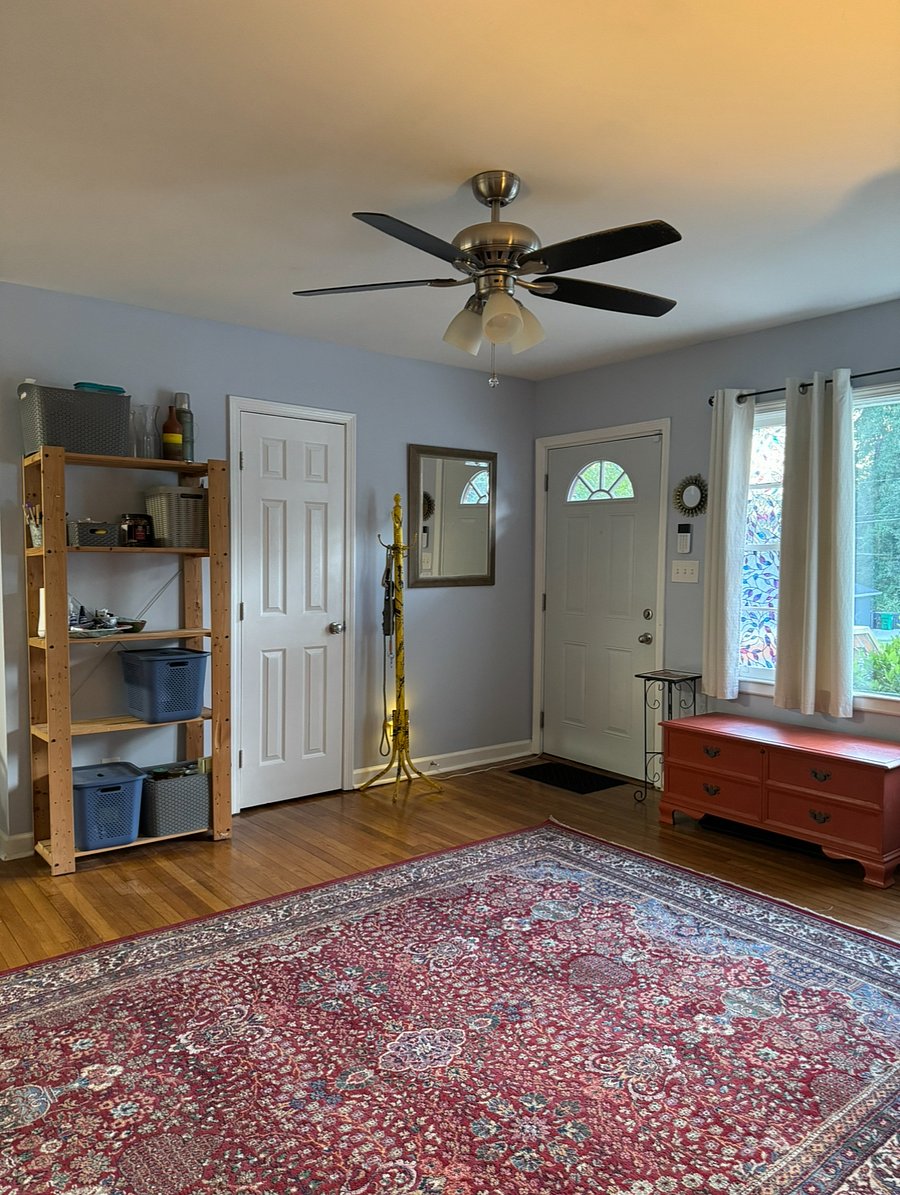 Front door and pantry shelf