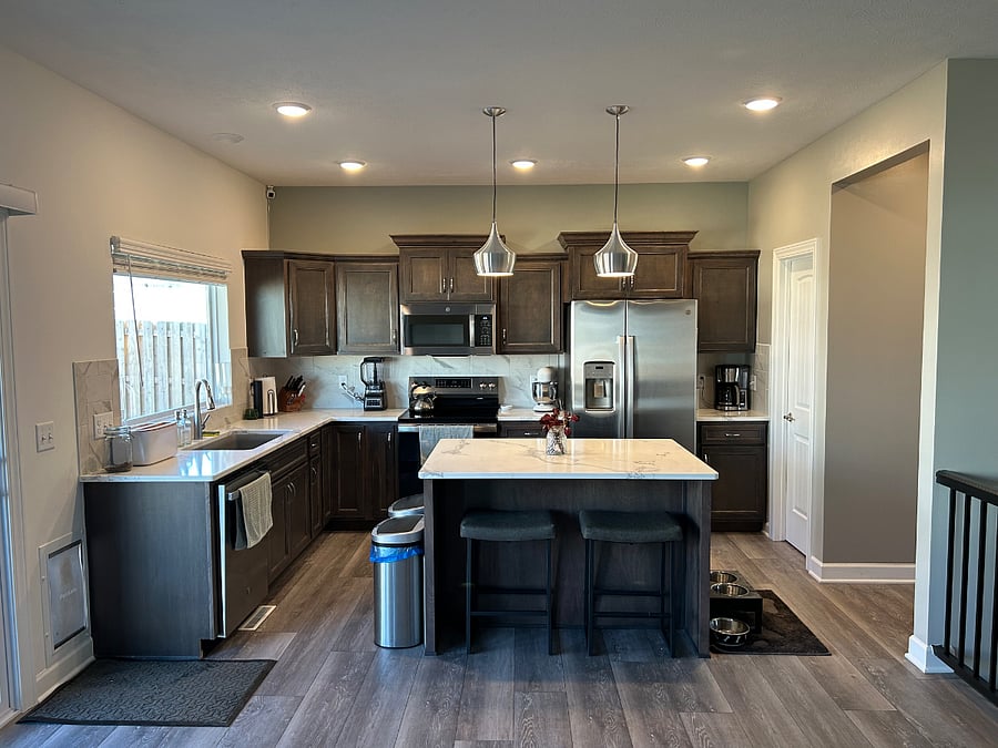 The kitchen (view from living room, drop zone is to the right).