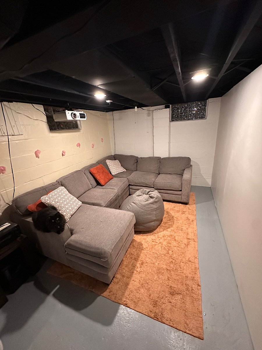 Basement with projector (firestick installed) and surround sound.