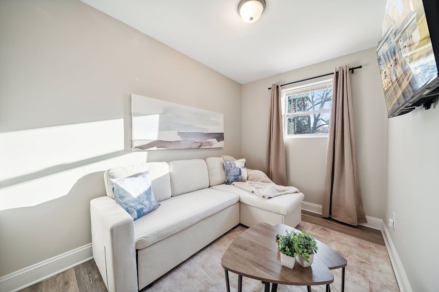 Living room with 40" Roku TV and pull-out sofa bed