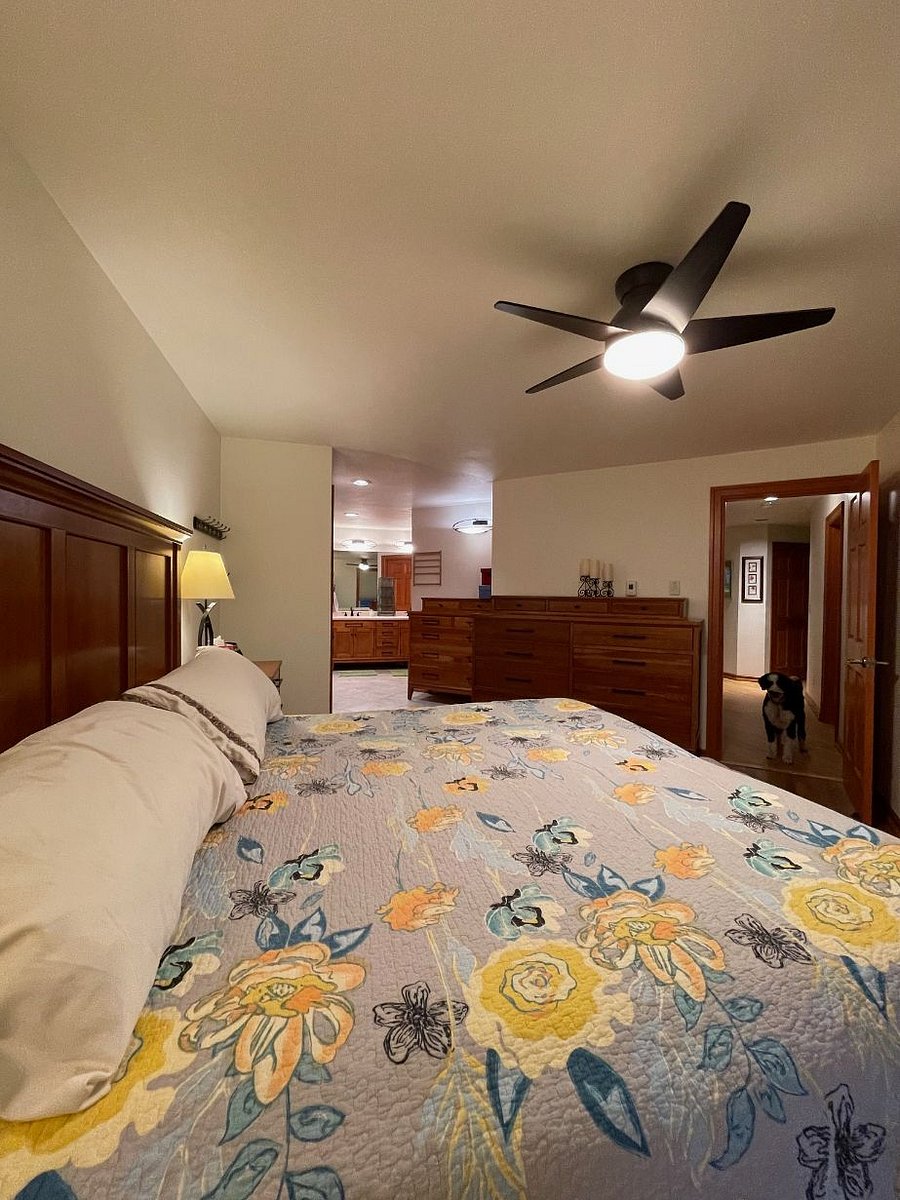 Main bedroom, dressers, dressing area and double bowl bathroom vanity