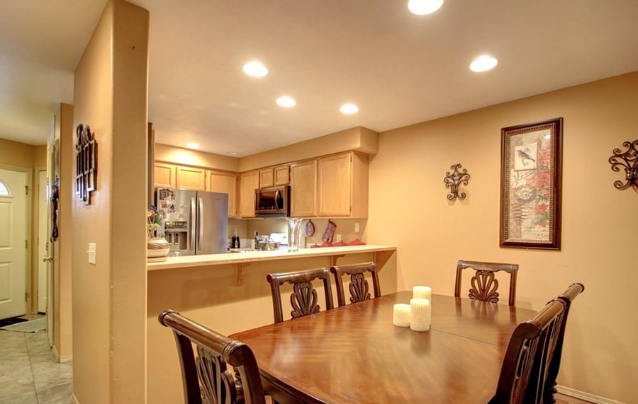 dining room and view of kitchen
dining room table and paint has been updated