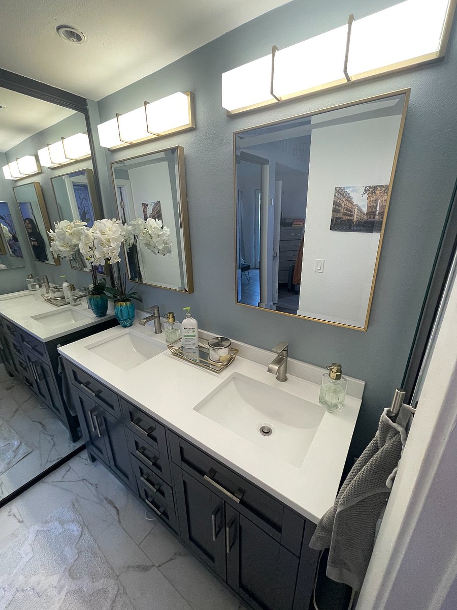 dual sink vanity with medicine cabinet on the right hand side