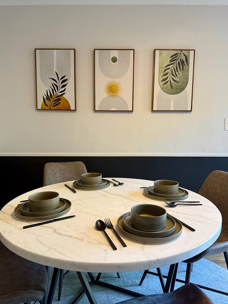 Dining for four, dish set for six.