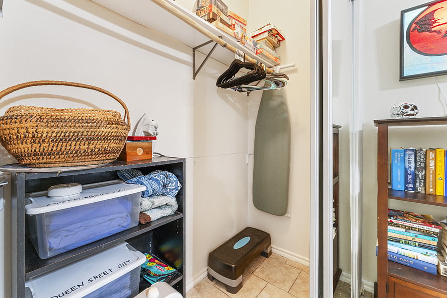 Closet with lots of storage space. Choose from cotton, microfiber or bamboo sheets. Full sized ironing board/iron, lots of puzzles, padded clothes hangers. Many board games available upon request.