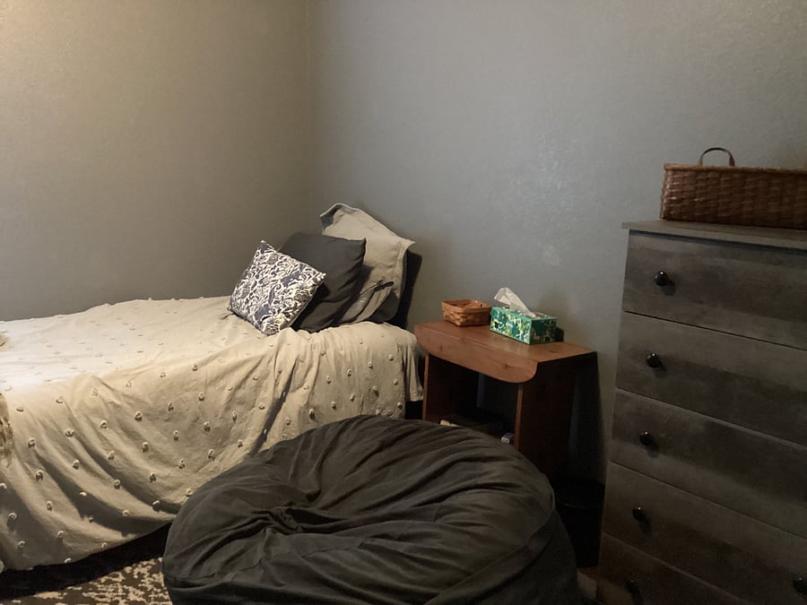 Second bdrm on main floor with twin bed and tv