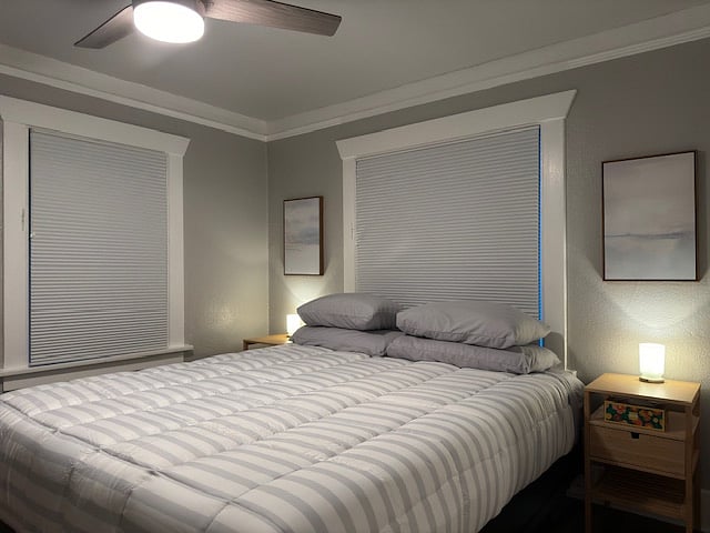 Bedroom features blackout blinds and a luxurious Leesa Legend mattress. Double pane windows keep the room quiet.