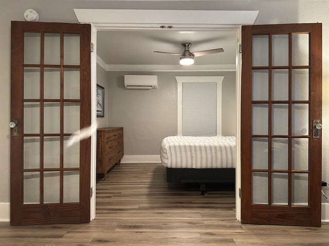 Inviting French doors to bedroom.
