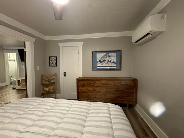 Bedroom amenities include a solid wood dresser from West Elm, a spacious and well lit closet, and a mini-split heat pump.