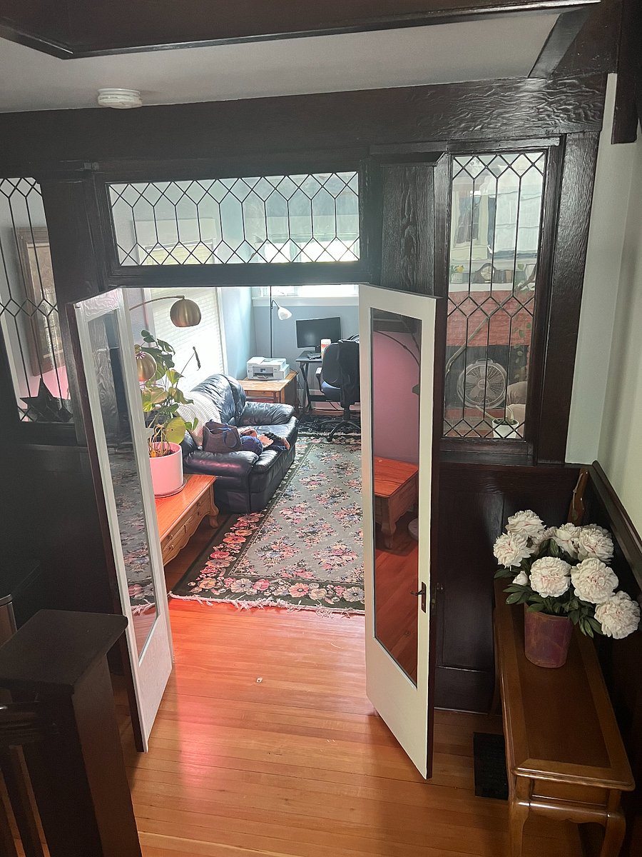 Looking into the living room from the stairs
