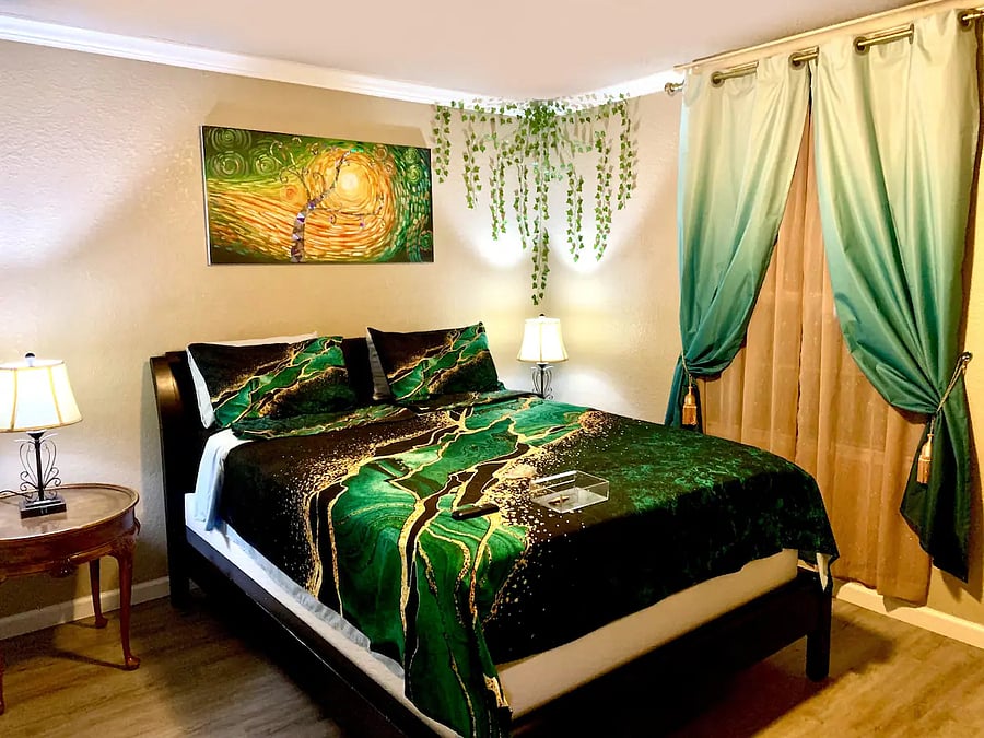 Queen bed. You will love our new luxury memory foam mattress & blackout curtains