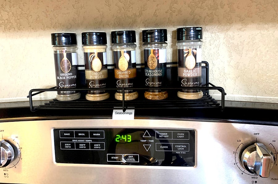 Seasonings, Oil, Vinegar, fry pans, cookie sheet, pizza pan