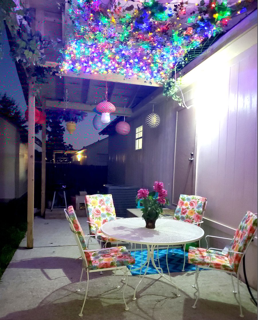 Our festive patio is an outdoor space used for relaxing, cooking barbecue and dining.