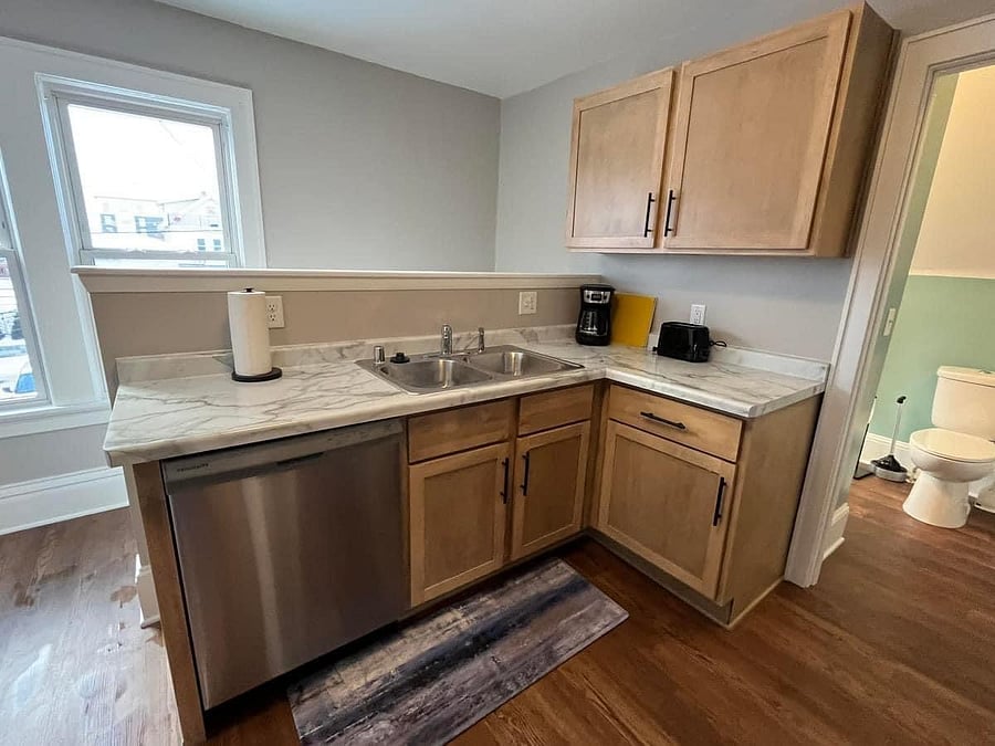 Kitchen with dishwasher.
