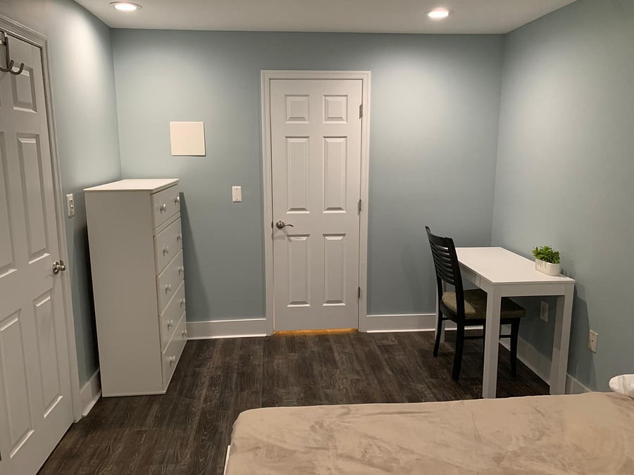 Room offers generous space, easily accommodating a large closet, a dresser, a chest of drawers and a desk.
