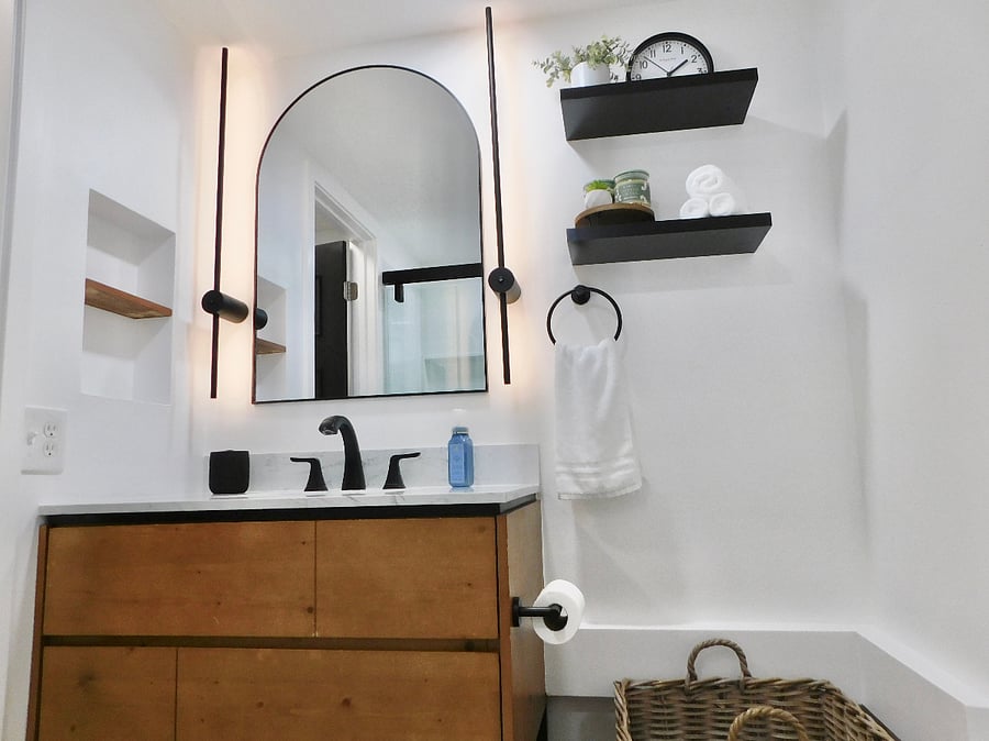 Large vanity with plenty of space in the two drawers. Store your essentials and more in our built-in niche medicine cabinet. Use the large woven basket as clothes hamper for your convenience.