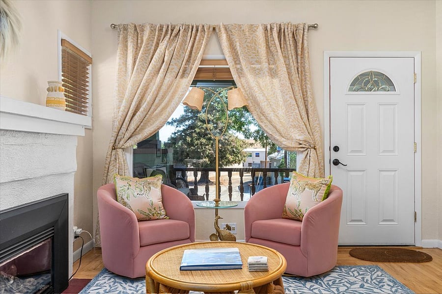 Pink velvet swivel chairs for gossiping while sipping espresso martinis.