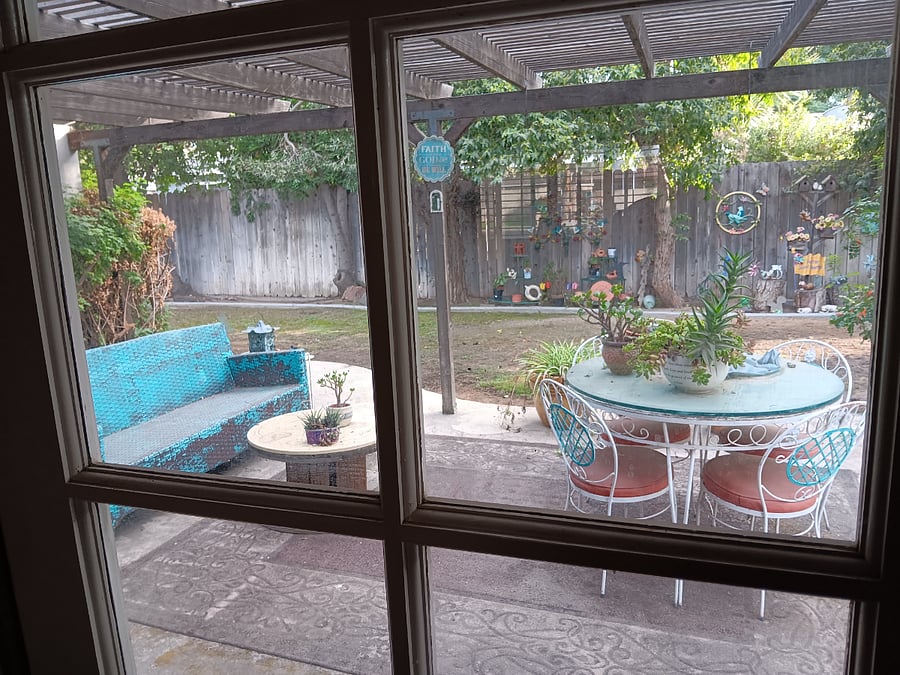 View of patio from dining room door.