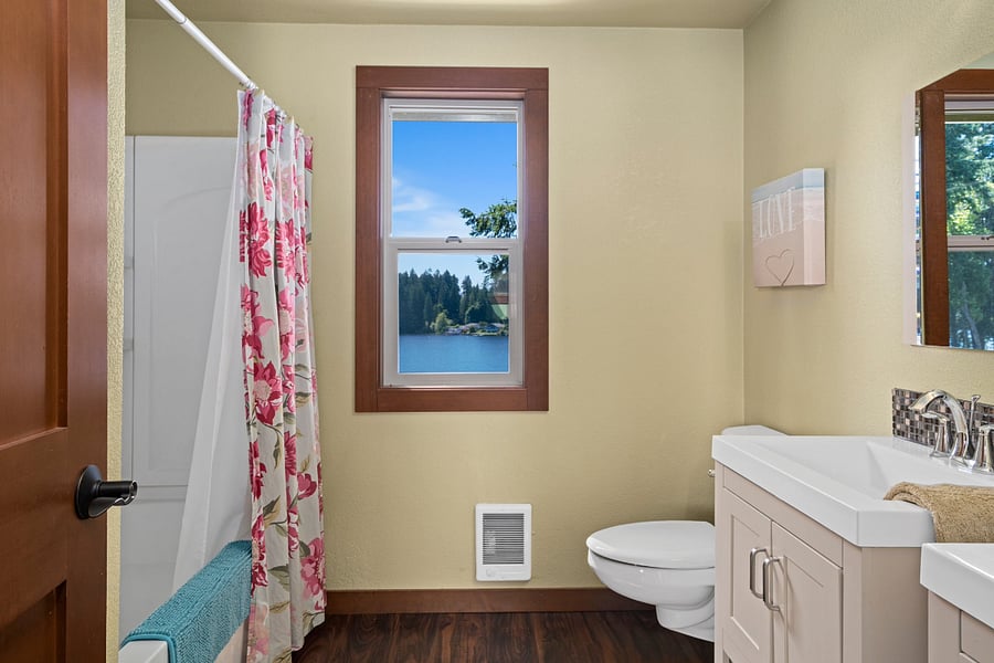 Bath with two sinks and tub and shower