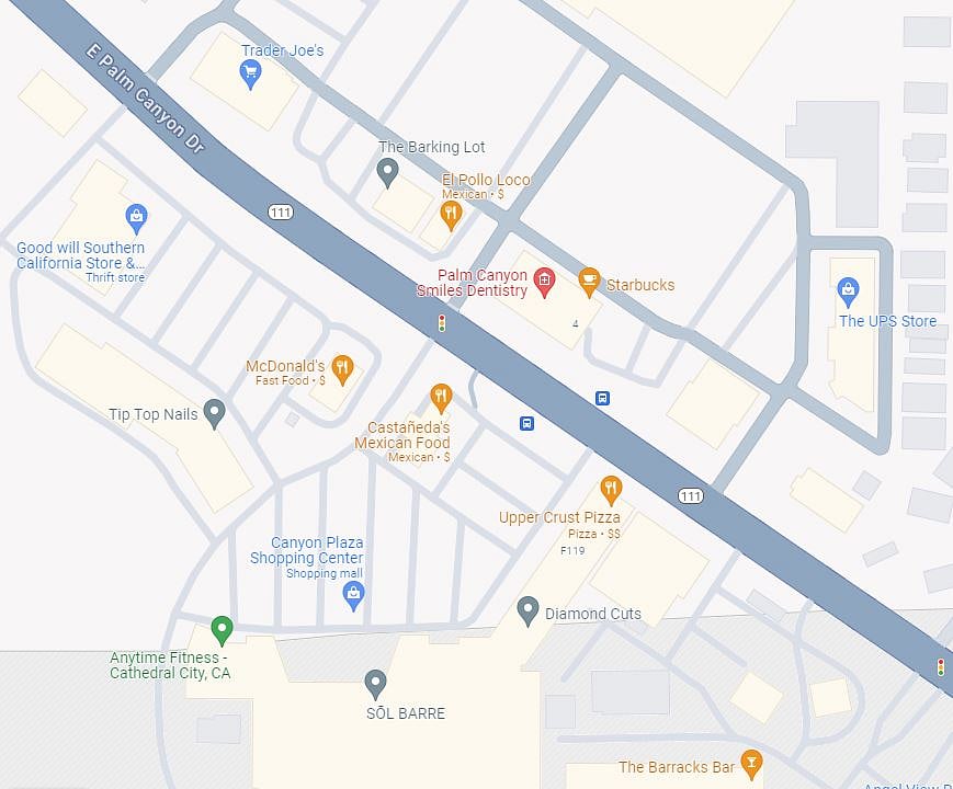 The property is a single block from The Canyon Plaza Shopping Center with shops, restaurants and bars on either side of Palm Canyon Drive. Grocery stores include Trader Joe's and Target. There are numerous restaurants to including fast food establishments such as Starbuck's, McDonalds, Pollo Loco and others.  Two blocks west of the property is Von's grocery store, gasoline station and other amenities. 
