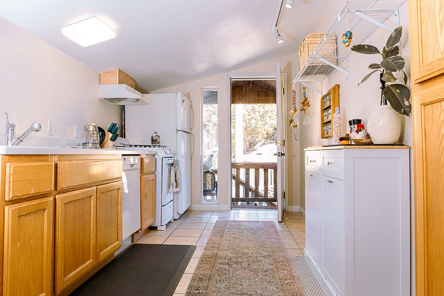 outside entry into stocked kitchen
