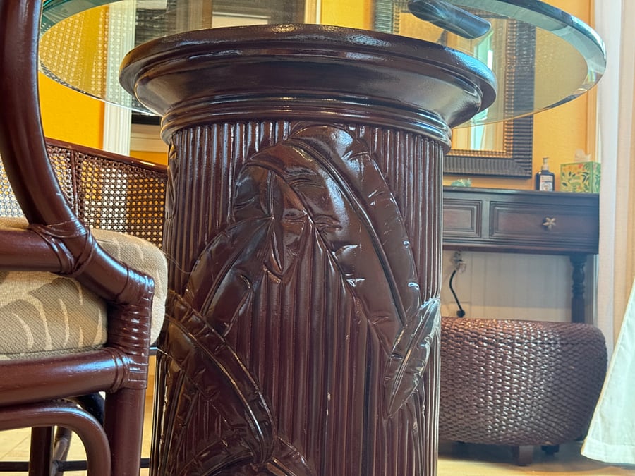 Hand Carved Hawaiiana Pedestal Glass Table