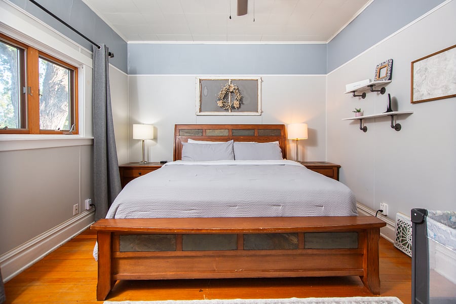 King bedroom across from bathroom