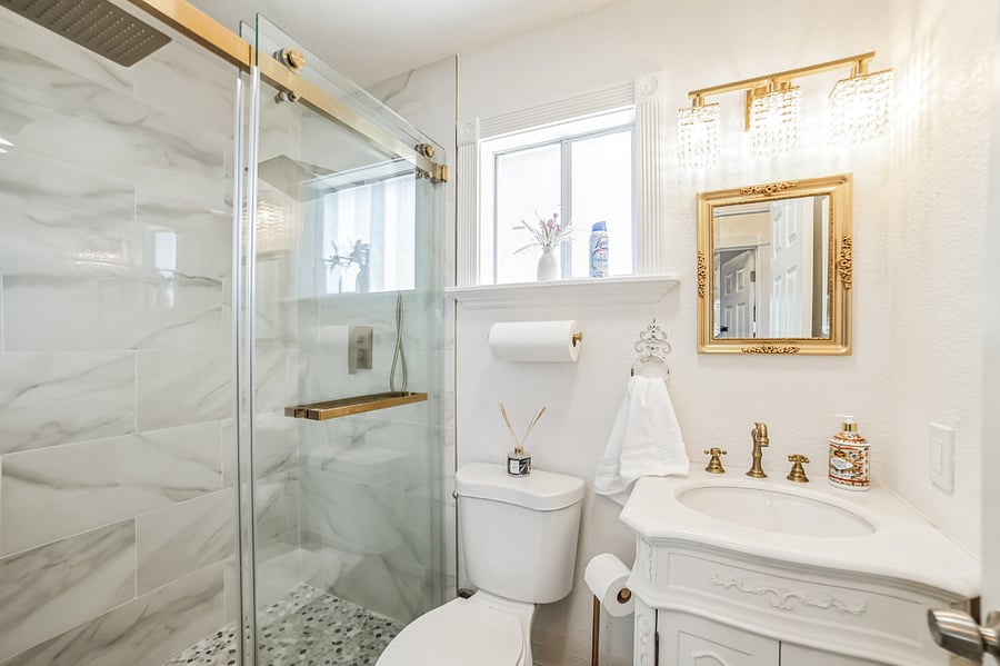 Main house bathroom with two waterfall shower heads