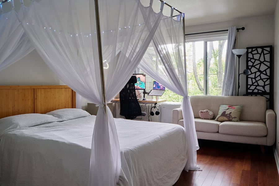 Bedroom with queen bed (bamboo bed frame) with huge walk-in closet