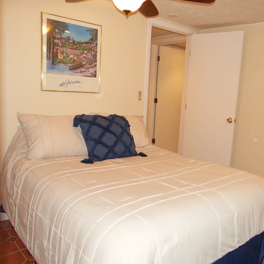 Lower level bedroom with full-sized bed, chest of drawers, closet and TV with Roku.