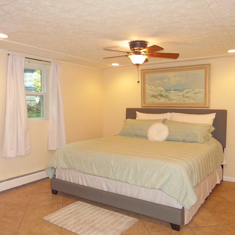 Lower level bedroom with King bed and closet for storage