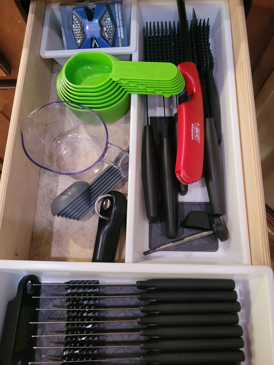Measuring cups, measuring spoons, meat thermometer, cooking knives, steak knives, can opener.