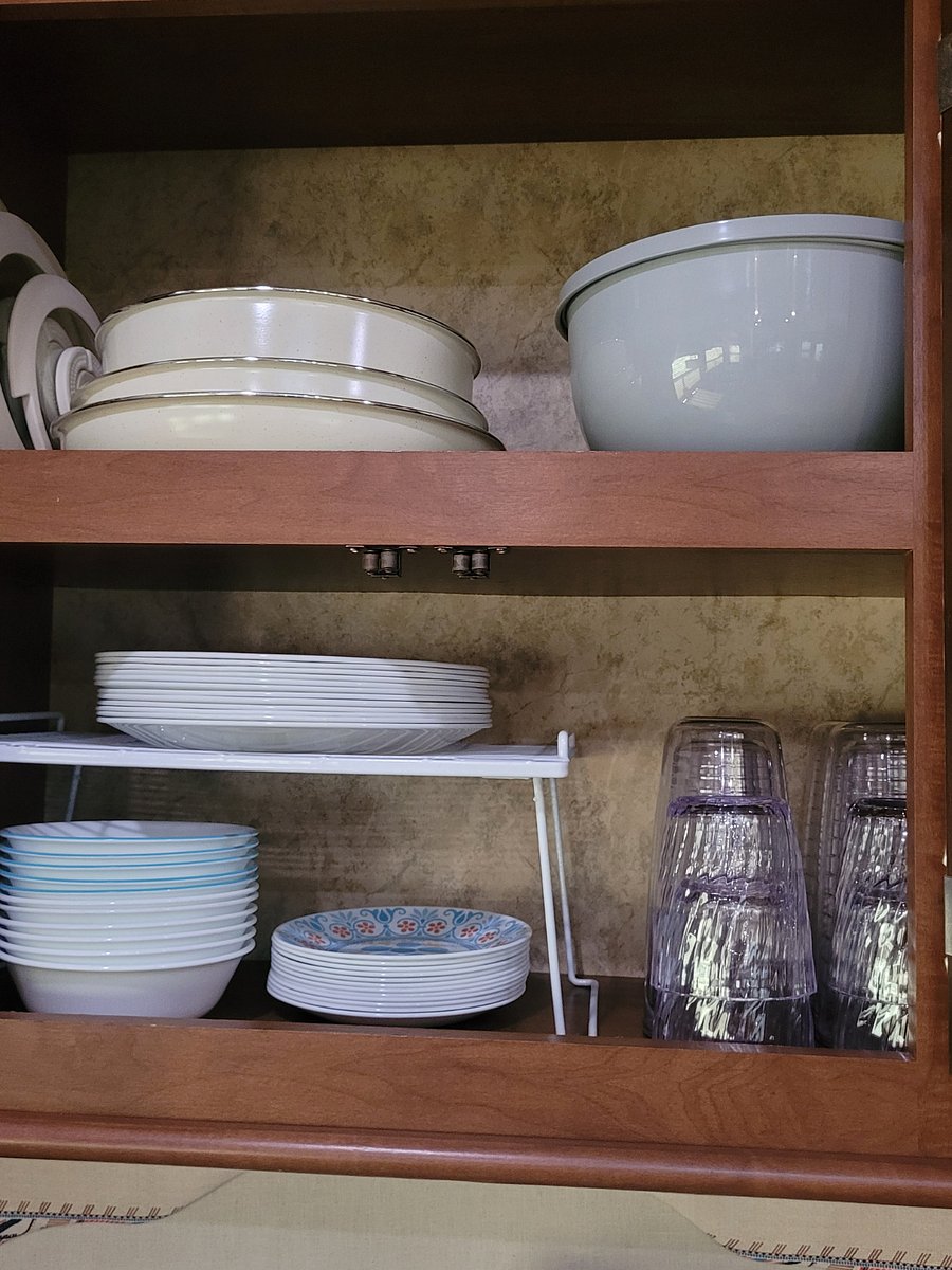 Pots and pans. Mixing bowls.
Dinner plates, sandwich plates, bowls, small and large glasses.