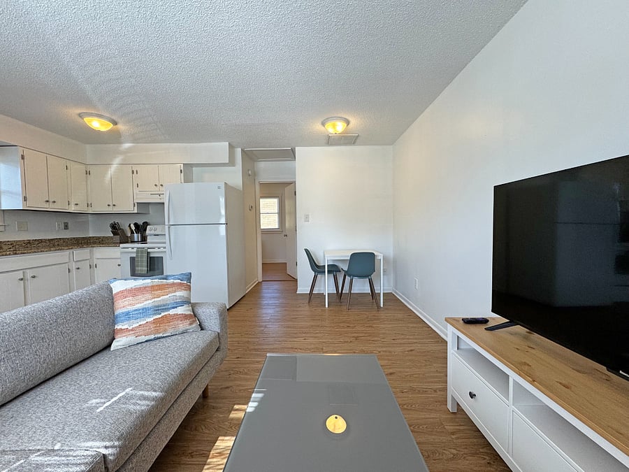 Living room with West Elm couch and brand new 55" Roku Smart TV. Expandable dining table and chairs.