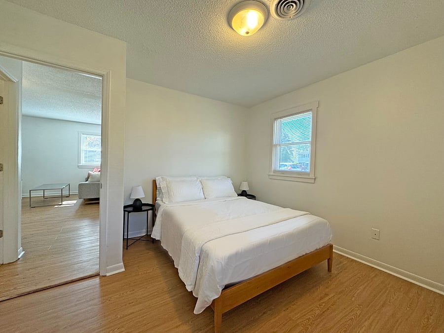 Primary bedroom with queen bed, luxury mattress and high quality cotton linens. Large closet and dresser.