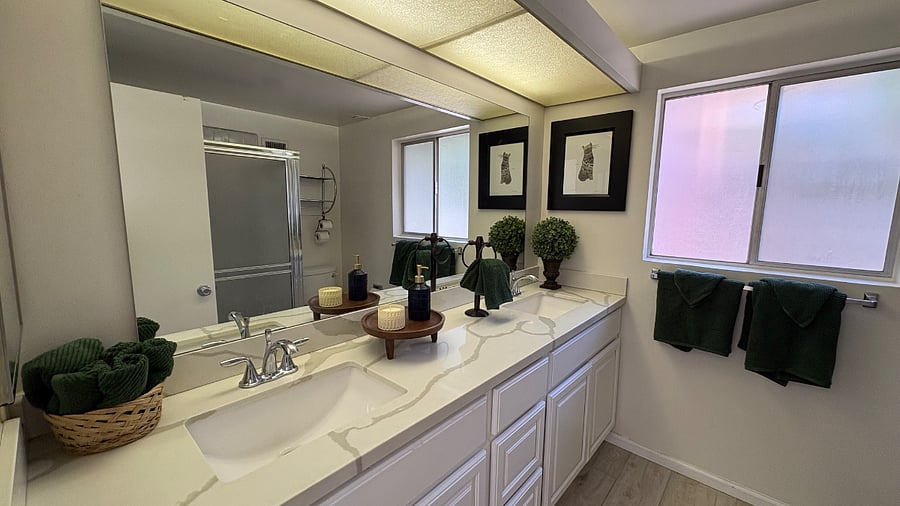 Double sink restroom and shower