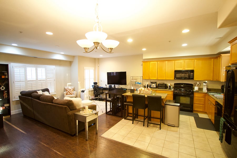 Open concept living room and kitchen area
