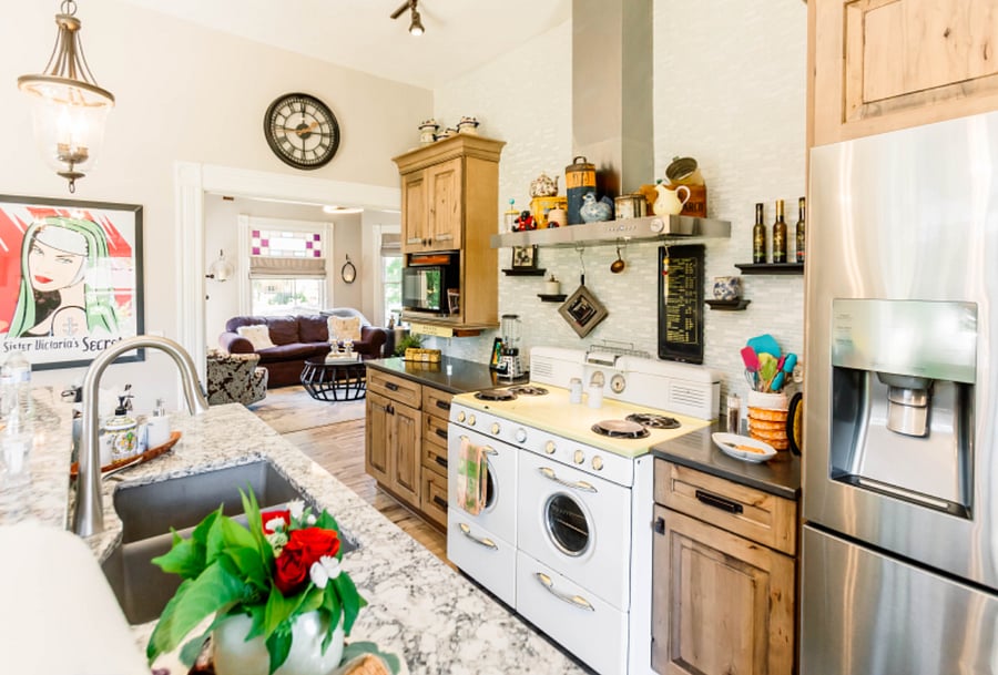 Fully appointed kitchen with everything you should need, except the chef! Refrigerator/freezer, wine cooler, dishwasher, microwave, gas stovetop and stove, garbage disposal, and coffee station with Keurig/drip maker/French Press. Cooking utensils, plenty of dishes & appliances (mixer, blender, waffle iron, toaster & more!) Lots of stock spices & staples to get you started. Home-sweet-home.