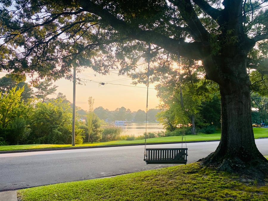 Front yard water view with tree swing and beautiful sunsets.