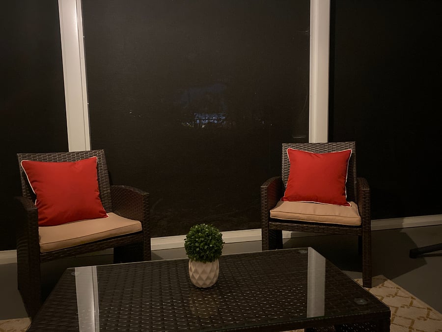 Escape to our patio oasis! Lounge on outdoor wicker furniture set with coffee table, wicker bar cart table, and swinging egg chair hammock, ideal for unwinding in style.