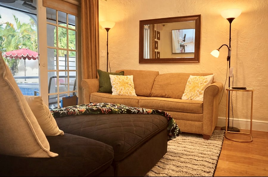 3rd bedroom furnished as a den with a queen sofa bed. (Conversion to a queen size bed if requested) access to pool area and patio. Remote office area. 58 inch smart tv.