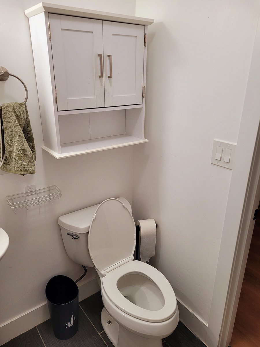 Bathroom toilet with storage cabinet.